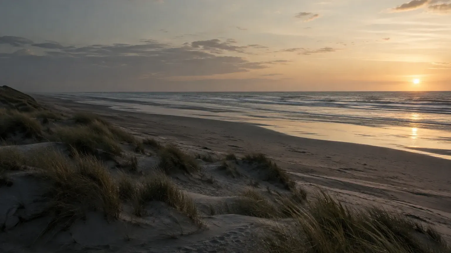 Nordisk natur i lågt solljus — sanddyner vid Västerhavet och en skogsstig mot en stilla sjö.